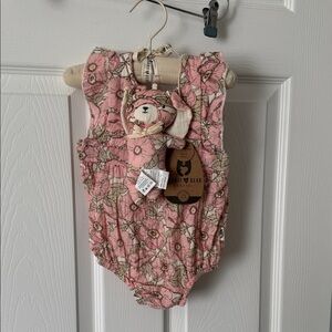 RABBIT+BEAR Organic Cotton Pink Floral Romper w/Matching Bunny, 6-9 mth, NWT